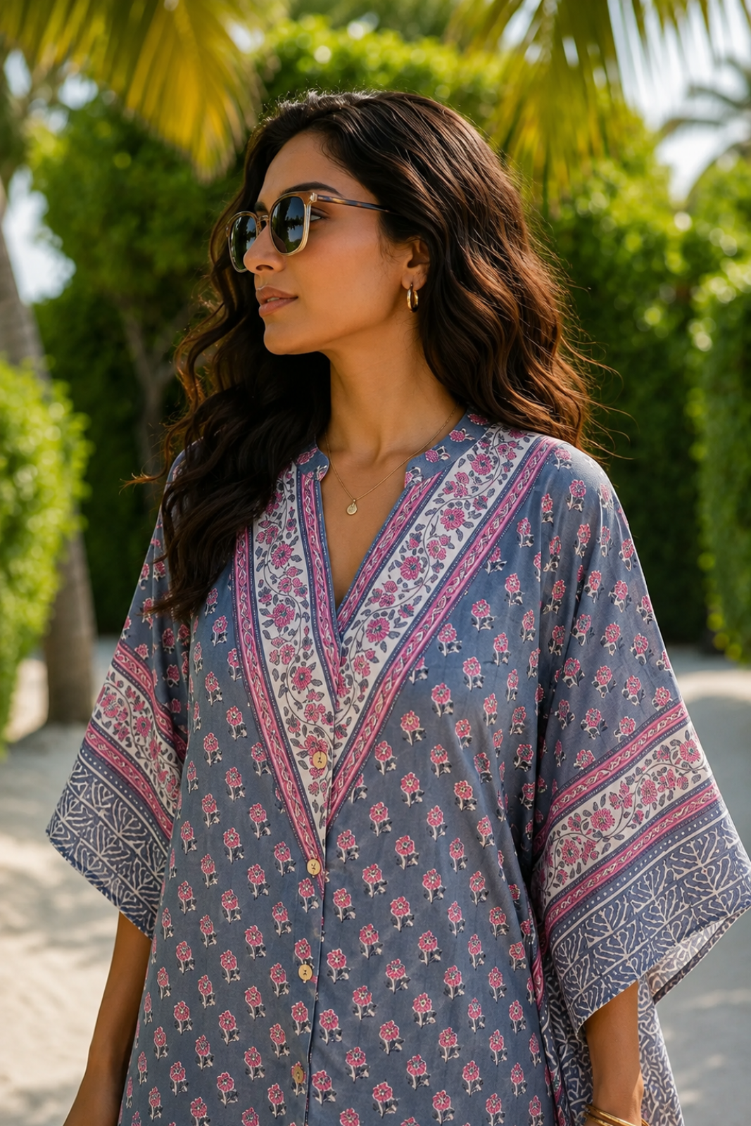 BLUE PINK FLORAL BLOCK PRINT COTTON KAFTAN TOP