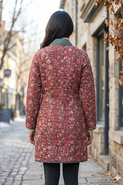 Red Grey Angrakha Quilted Coat-NVQJ645