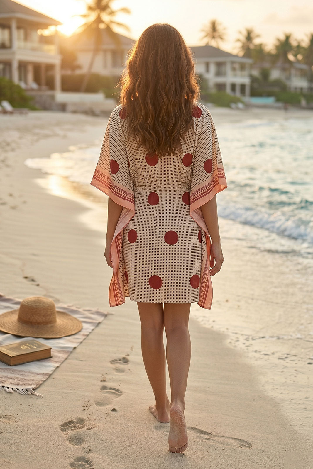 BEIGE RED POLKA DOT COTTON KAFTAN TOP - NVK586