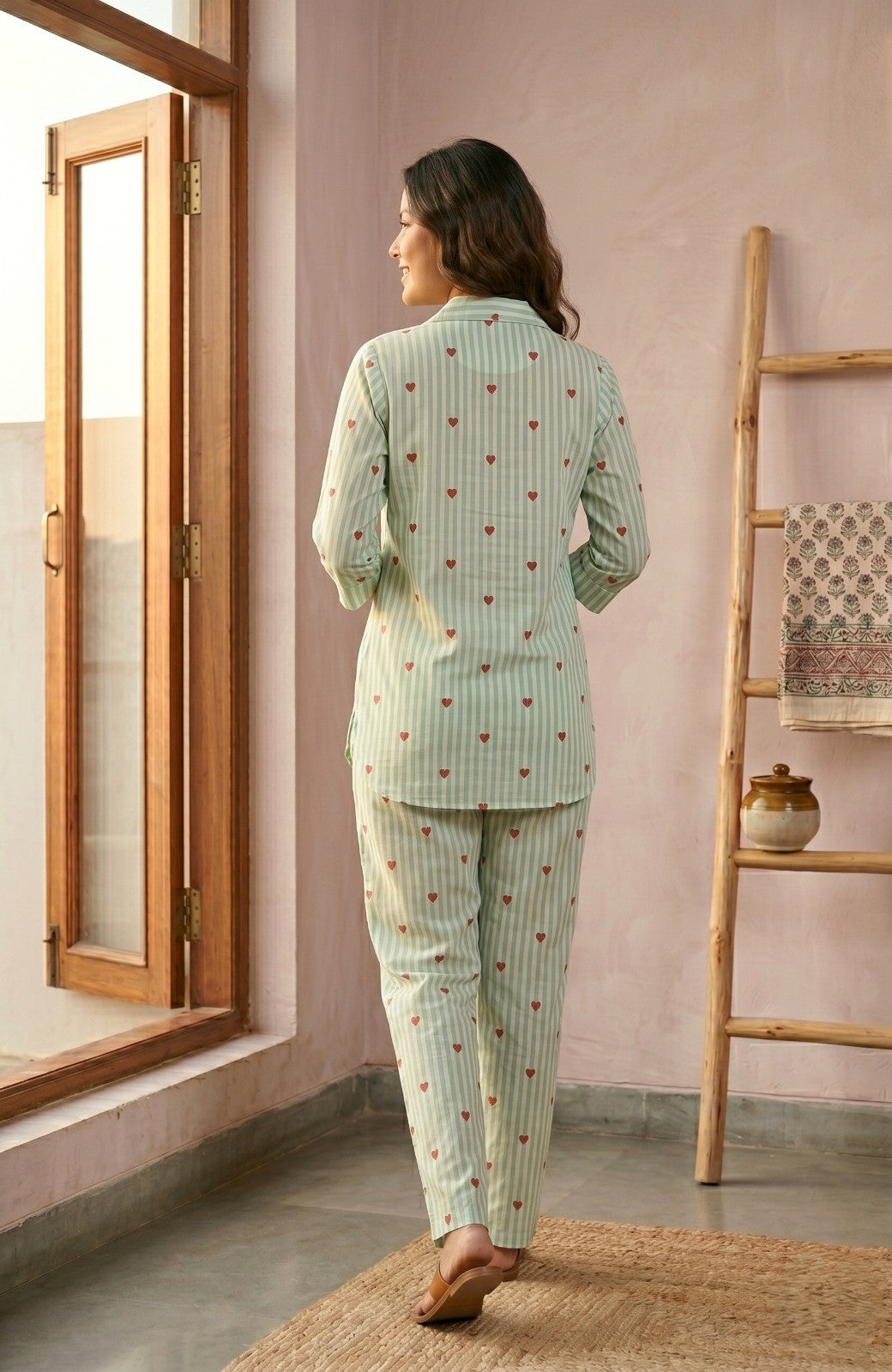 Green Stripes Printed Cotton Co-ord Set-NVCD42