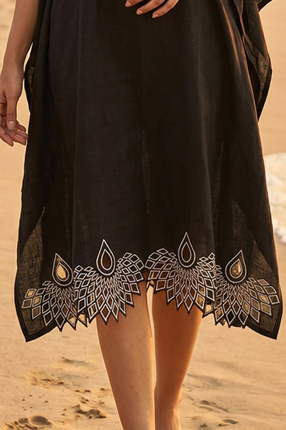 BLACK EMBROIDERED COTTON  KAFTAN - NVK582