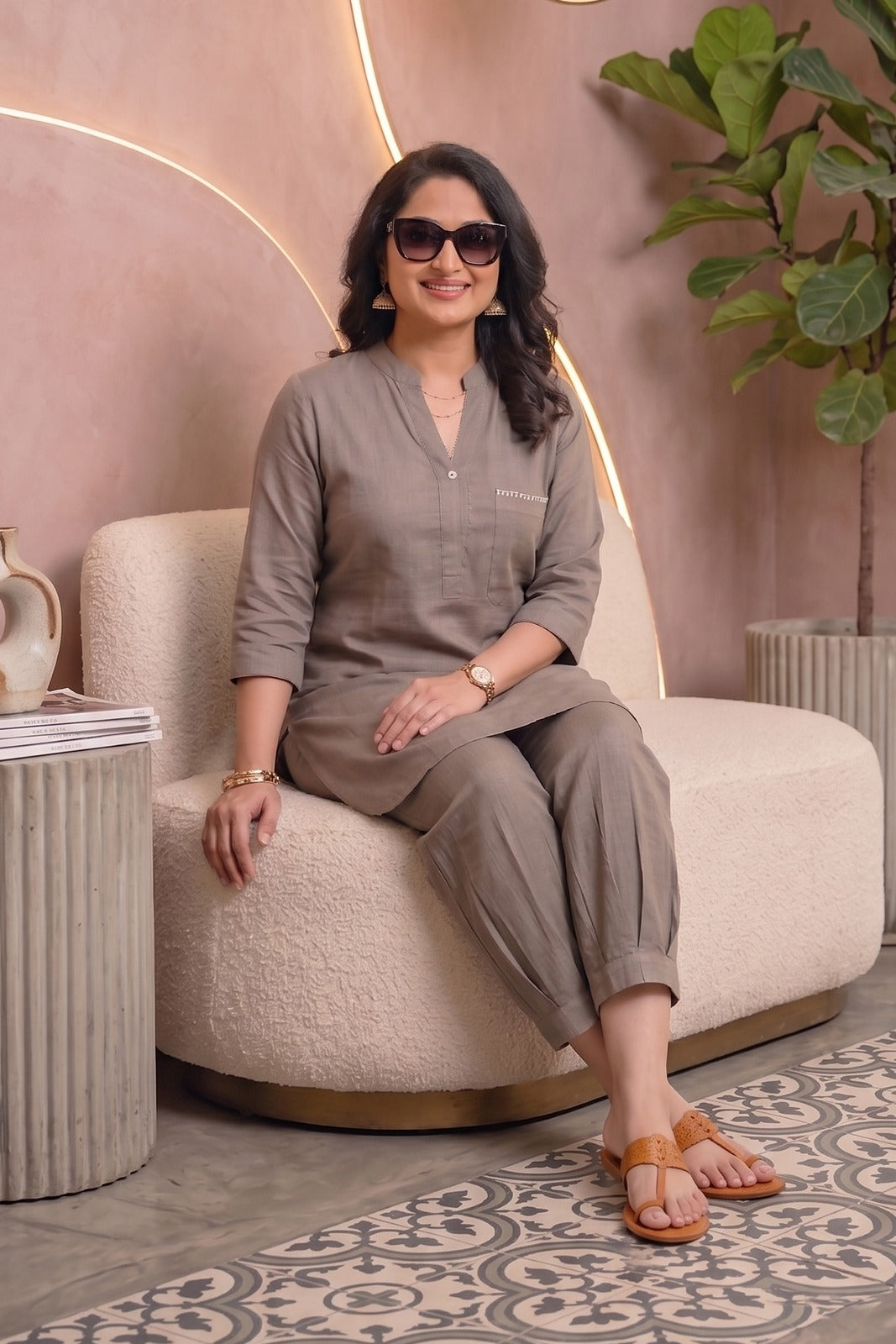 Grey Slub Cotton Co-ord Set-NVCD45