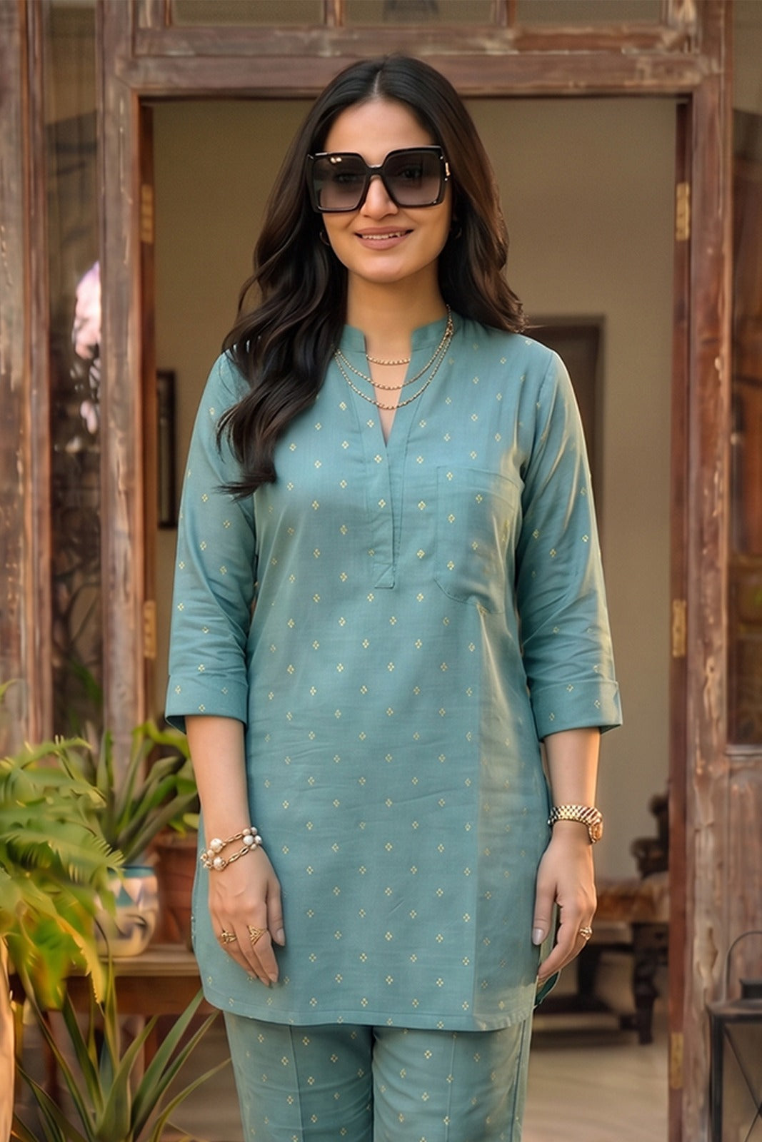 Dusty Aqua Cotton Zari Dobby Co-ord Set-NVCD47