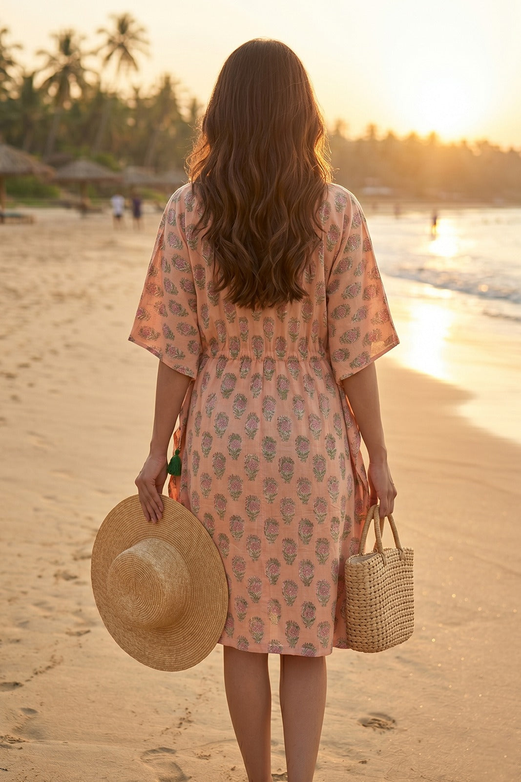 Peach Floral Hand Block Printed Kaftan Dress- NVK583