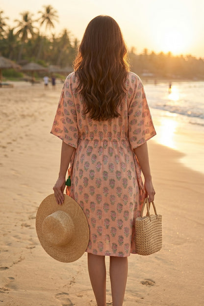 Peach Floral Hand Block Printed Kaftan Dress- NVK583