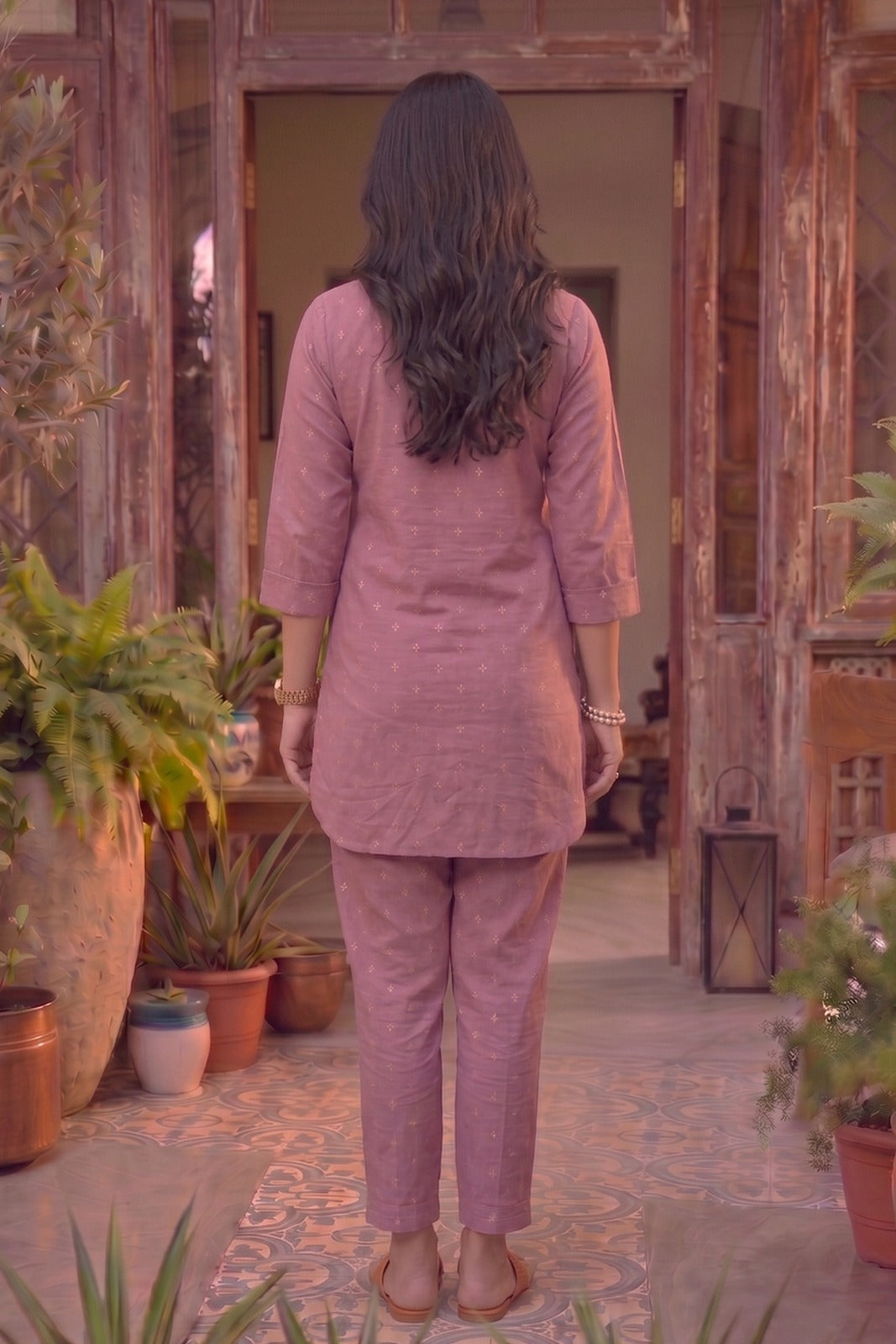 Rose Pink Cotton Zari Dobby Co-ord Set-NVCD48