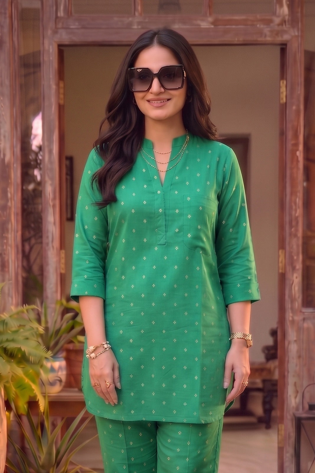Emerald Green Cotton Zari Dobby Co-ord Set-NVCD46