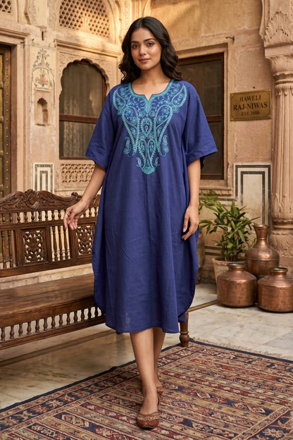 Blue Embroidered Cotton  Kaftan - NVK571