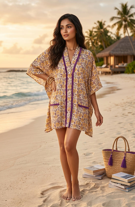 Beige Floral Block Print Cotton  Kaftan - NVK577