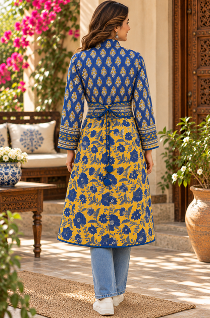 Royal Blue & Yellow Hand Block Printed Belted Jacket-NVQJ679