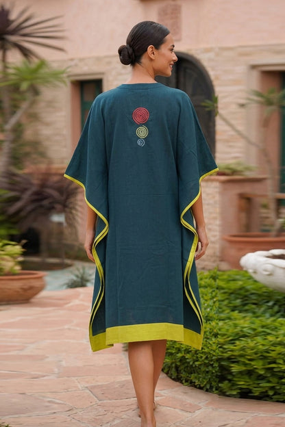 TEAL GREEN EMBROIDERY COTTON KAFTAN - NVK599