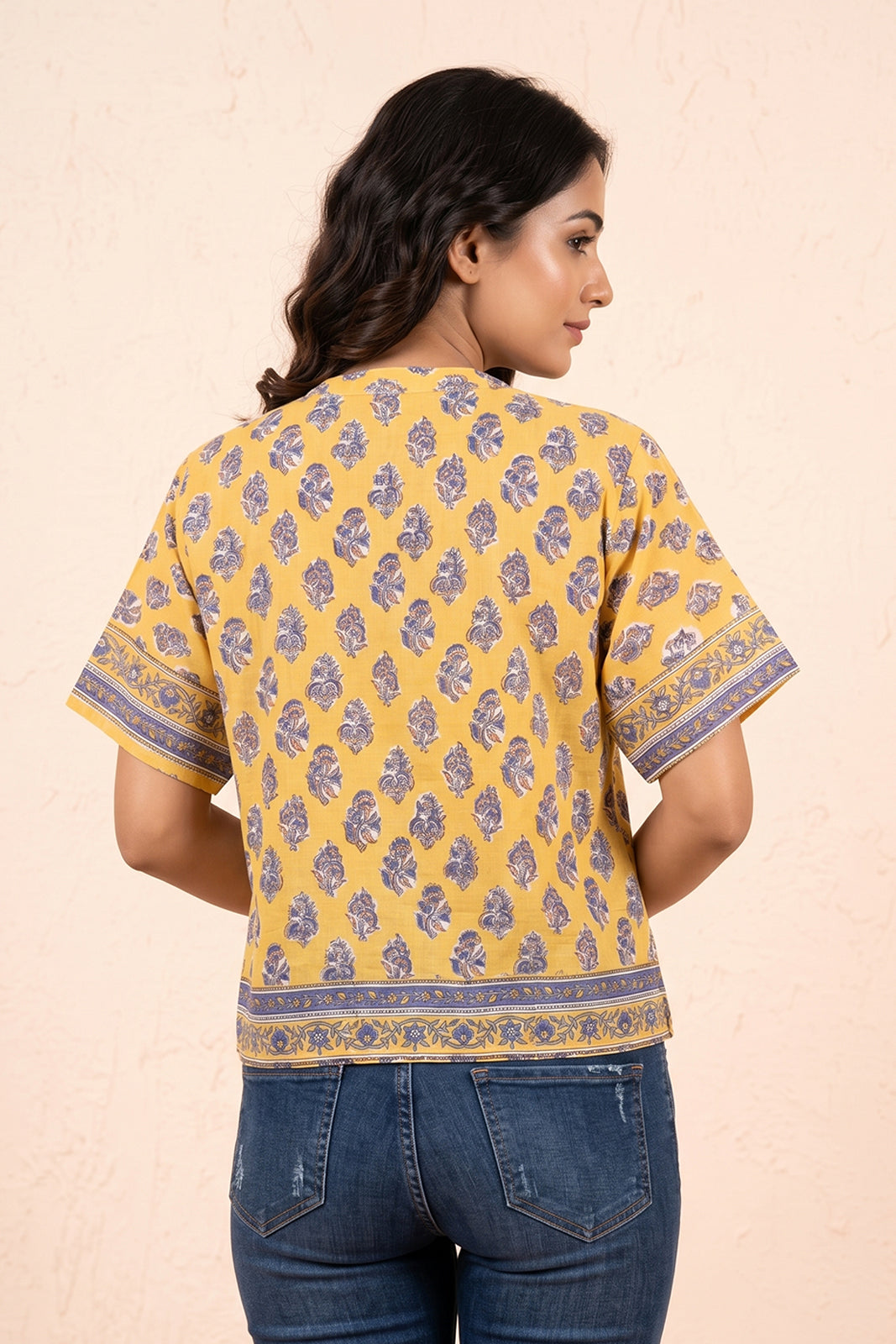 YELLOW BLUE FLORAL COTTON SHIRT TOP-NFT160