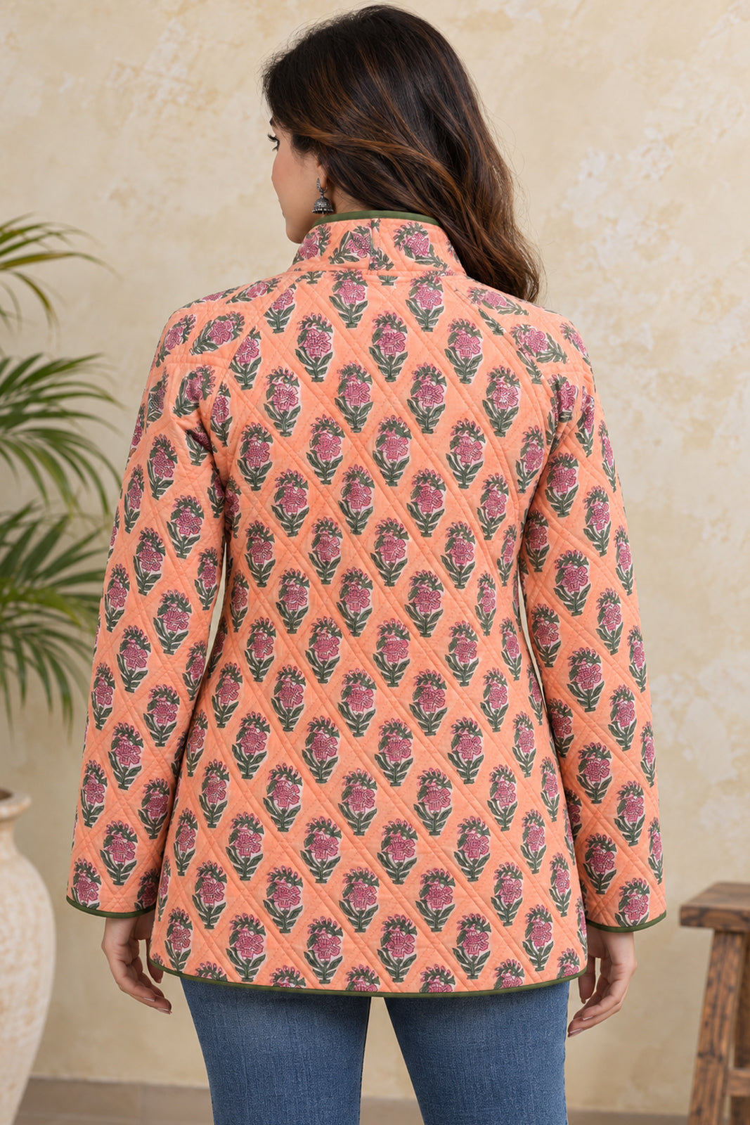 PEACH BLOOM HAND BLOCK PRINTED QUILTED COTTON JACKET-NVQJ671