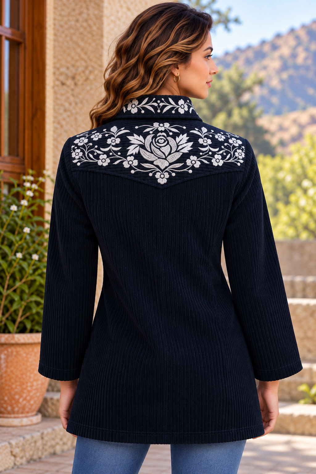 Floral Embroidered Corduroy Jacket-NVQJ683