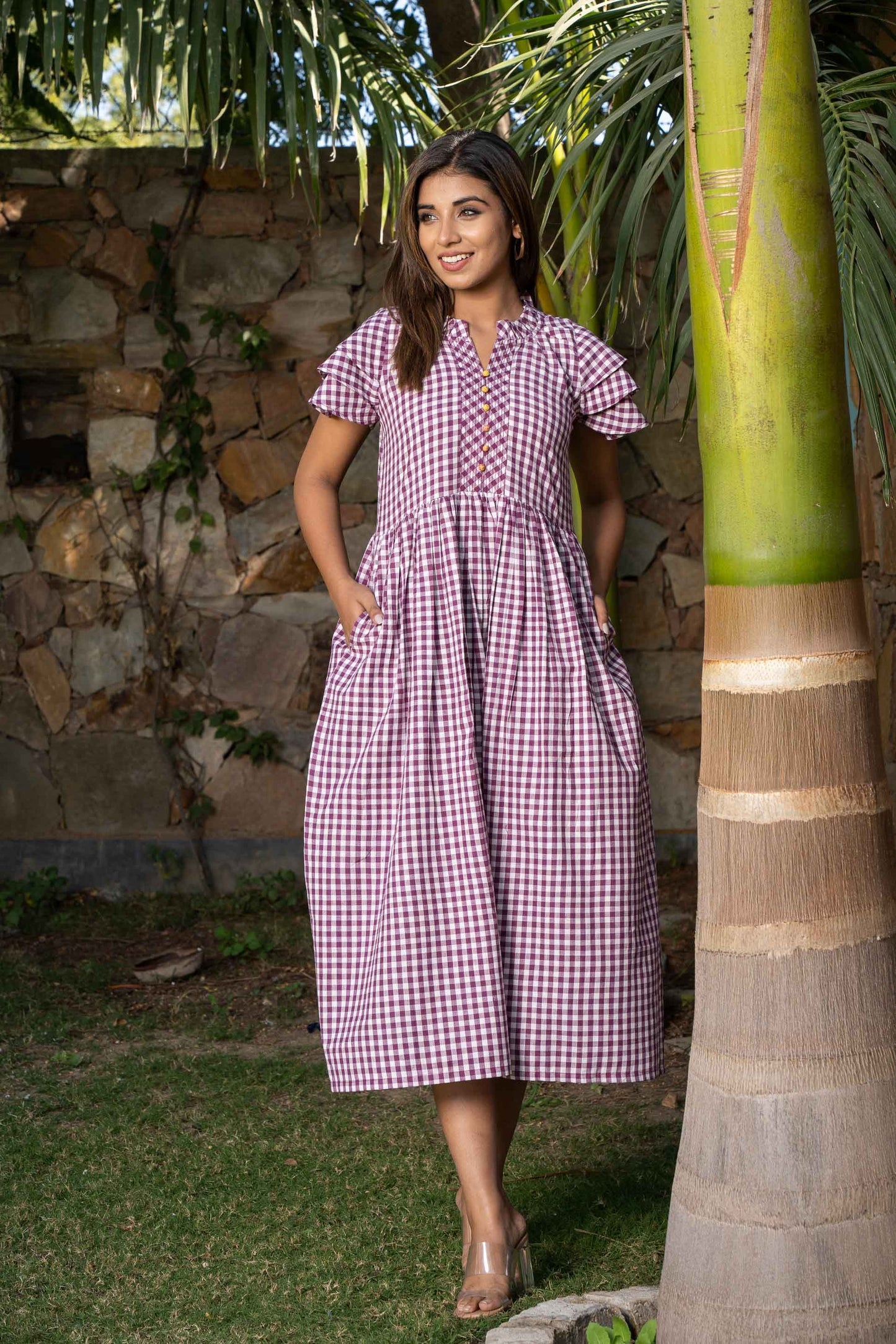 PURPLE CHECKS KHARI COTTON DRESS-NFD42