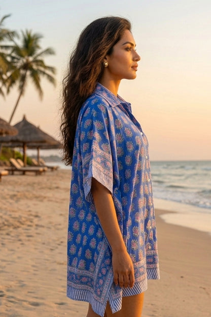 BLUE BLOCK PRINTED KAFTAN TOP -NVK598