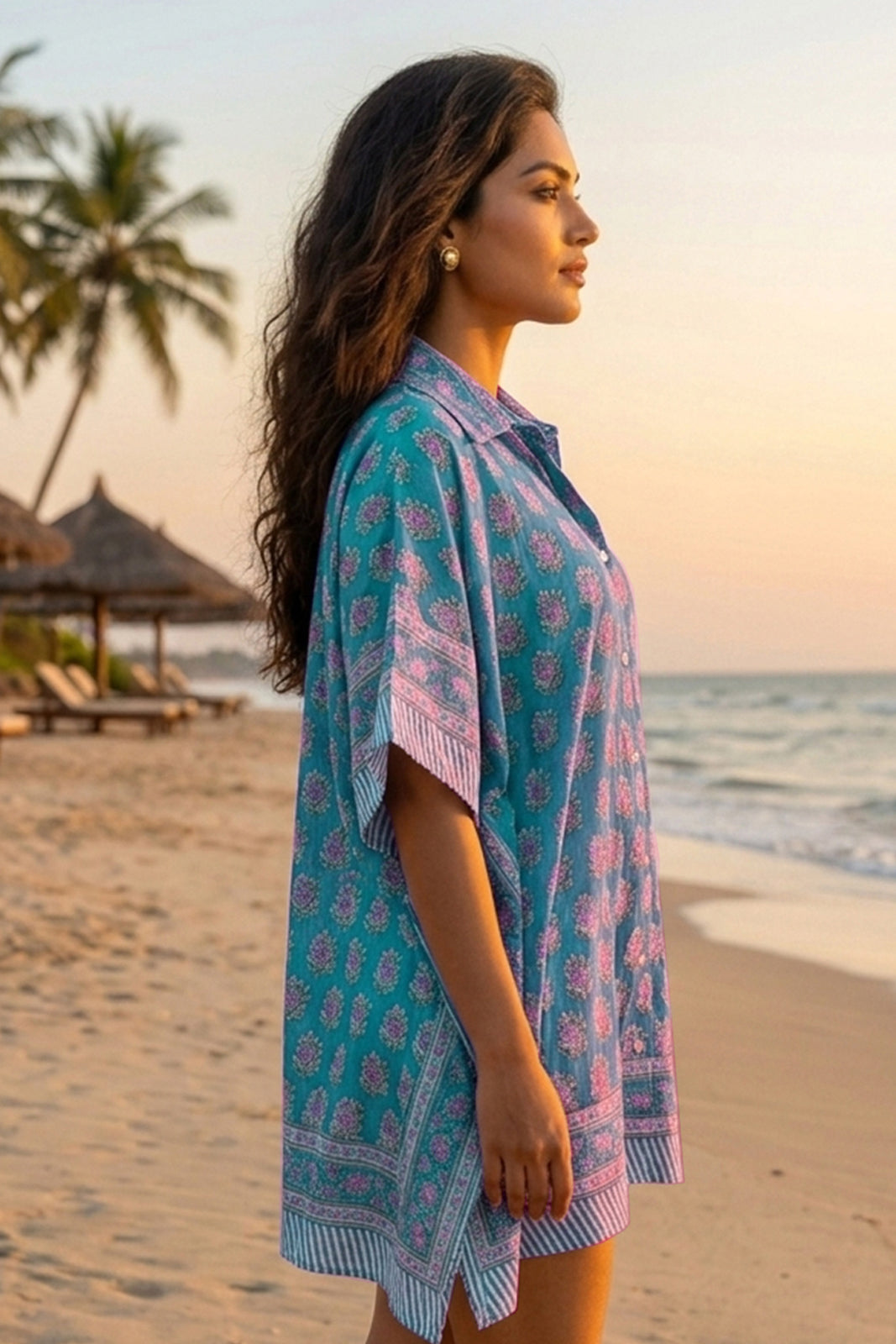 TEAL BLUE BLOCK PRINTED KAFTAN TOP -NVK598