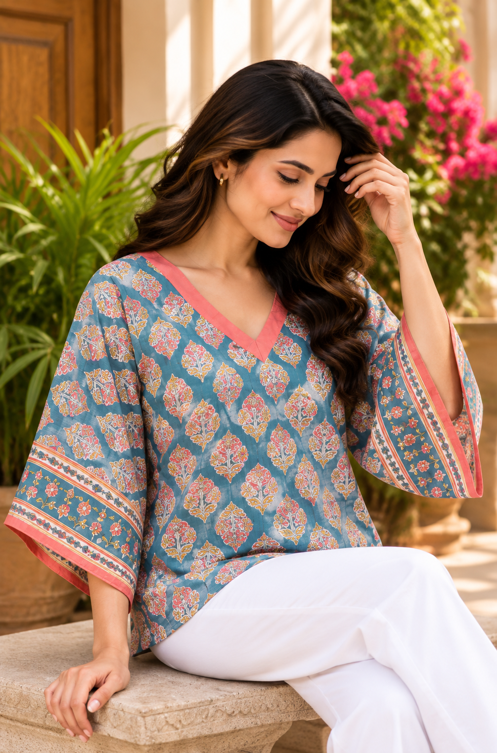 BLUE COTTON MULMUL FLORAL SHORT KAFTAN