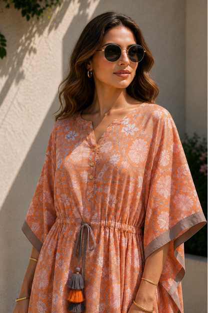 ORANGE WHITE FLORAL BLOCK PRINT COTTON KAFTAN TOP
