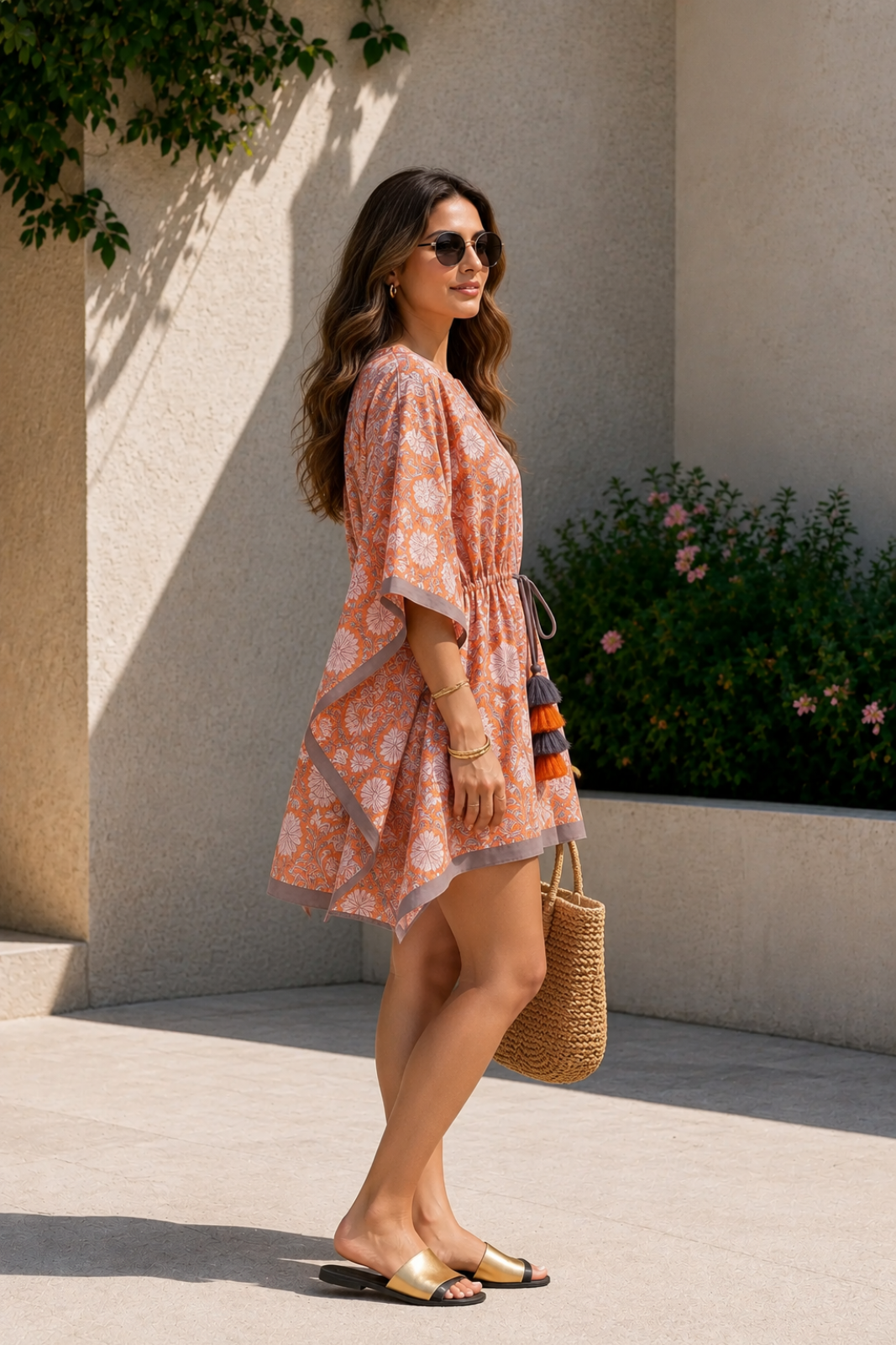 ORANGE WHITE FLORAL BLOCK PRINT COTTON KAFTAN TOP