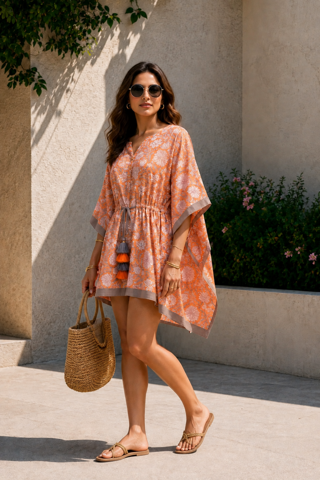 ORANGE WHITE FLORAL BLOCK PRINT COTTON KAFTAN TOP