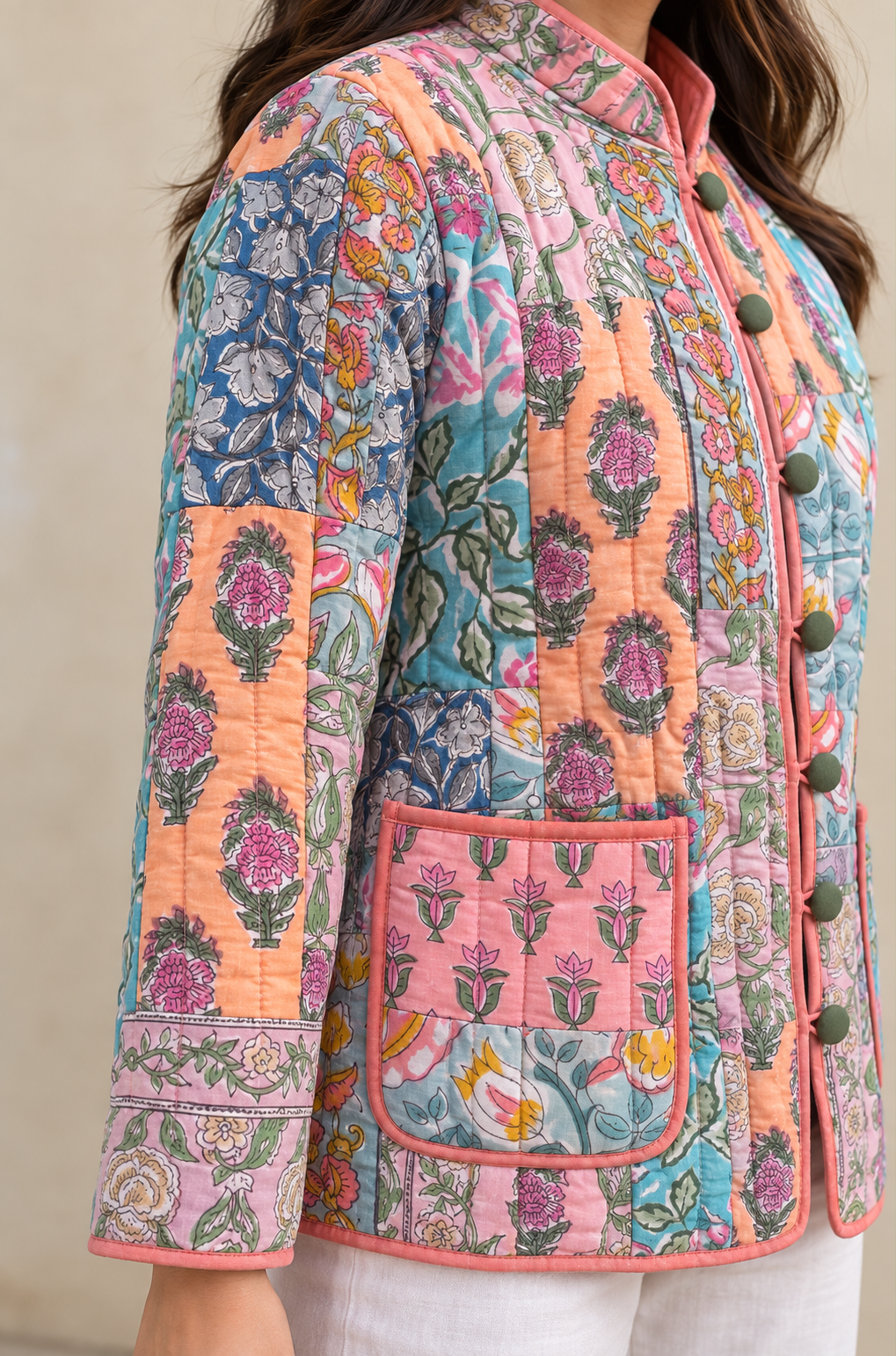 PASTEL PATCHWORK HAND BLOCK PRINTED QUILTED JACKET-NVQJ673