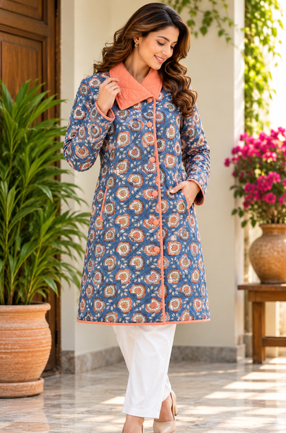 GULNAAR BLUE COTTON QUILTED JACKET-NVQJ663