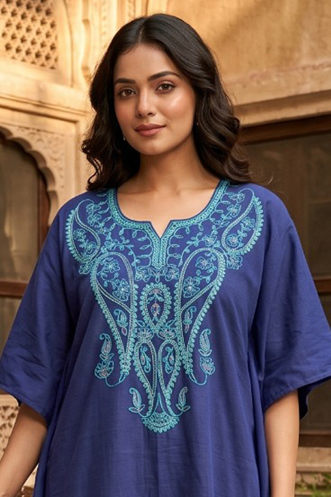 Blue Embroidered Cotton  Kaftan - NVK571