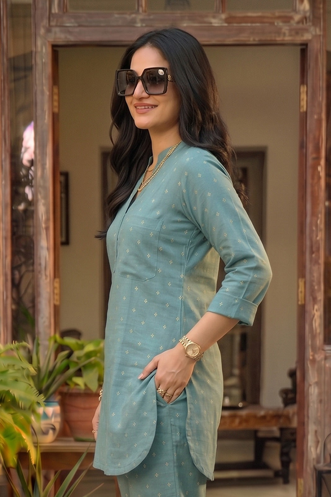 Dusty Aqua Cotton Zari Dobby Co-ord Set-NVCD47