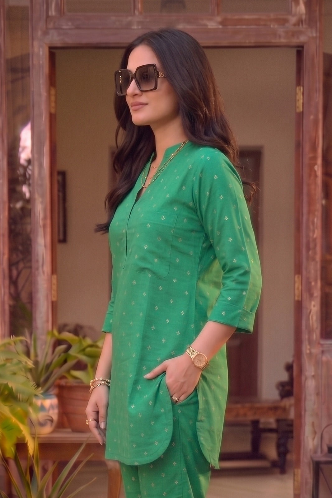 Emerald Green Cotton Zari Dobby Co-ord Set-NVCD46