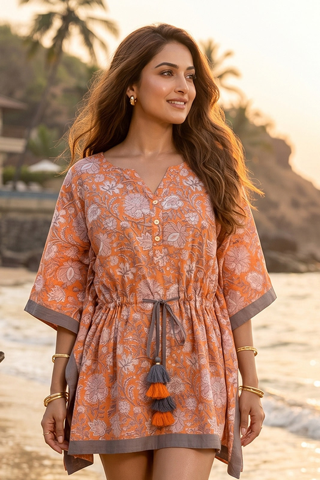 ORANGE WHITE FLORAL BLOCK PRINT COTTON KAFTAN TOP - NVK584