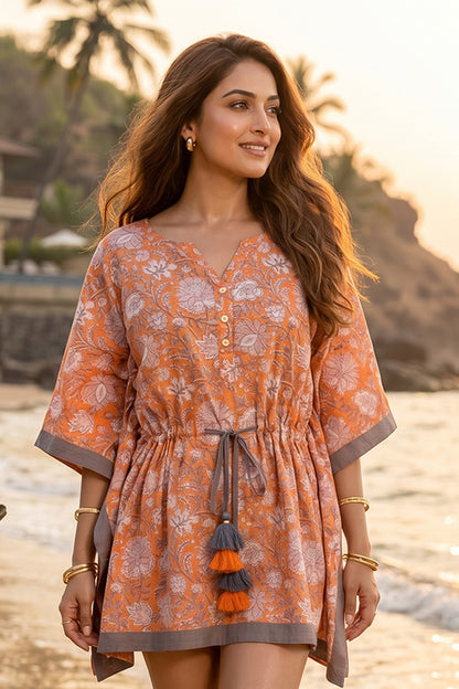 ORANGE WHITE FLORAL BLOCK PRINT COTTON KAFTAN TOP - NVK584