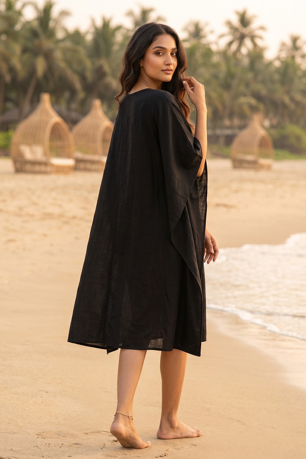 BLACK EMBROIDERED COTTON  KAFTAN - NVK582