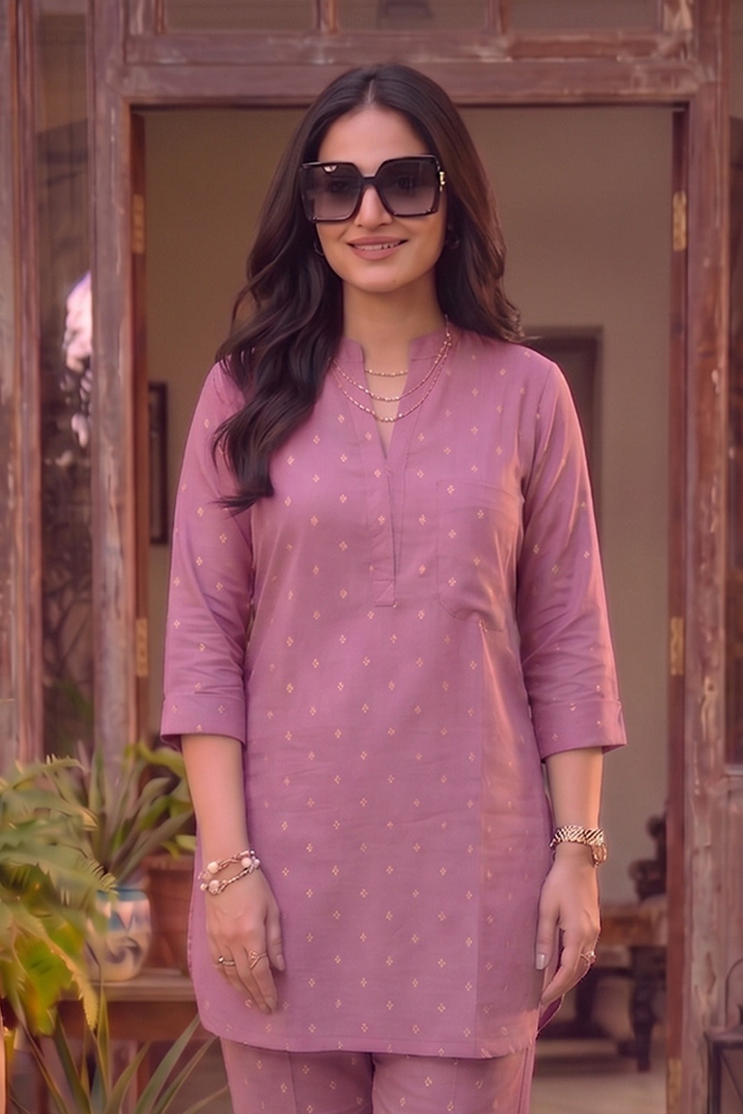 Rose Pink Cotton Zari Dobby Co-ord Set-NVCD48