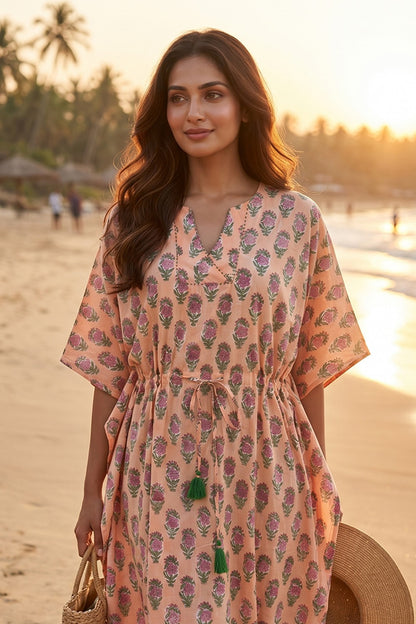 Peach Floral Hand Block Printed Kaftan Dress- NVK583