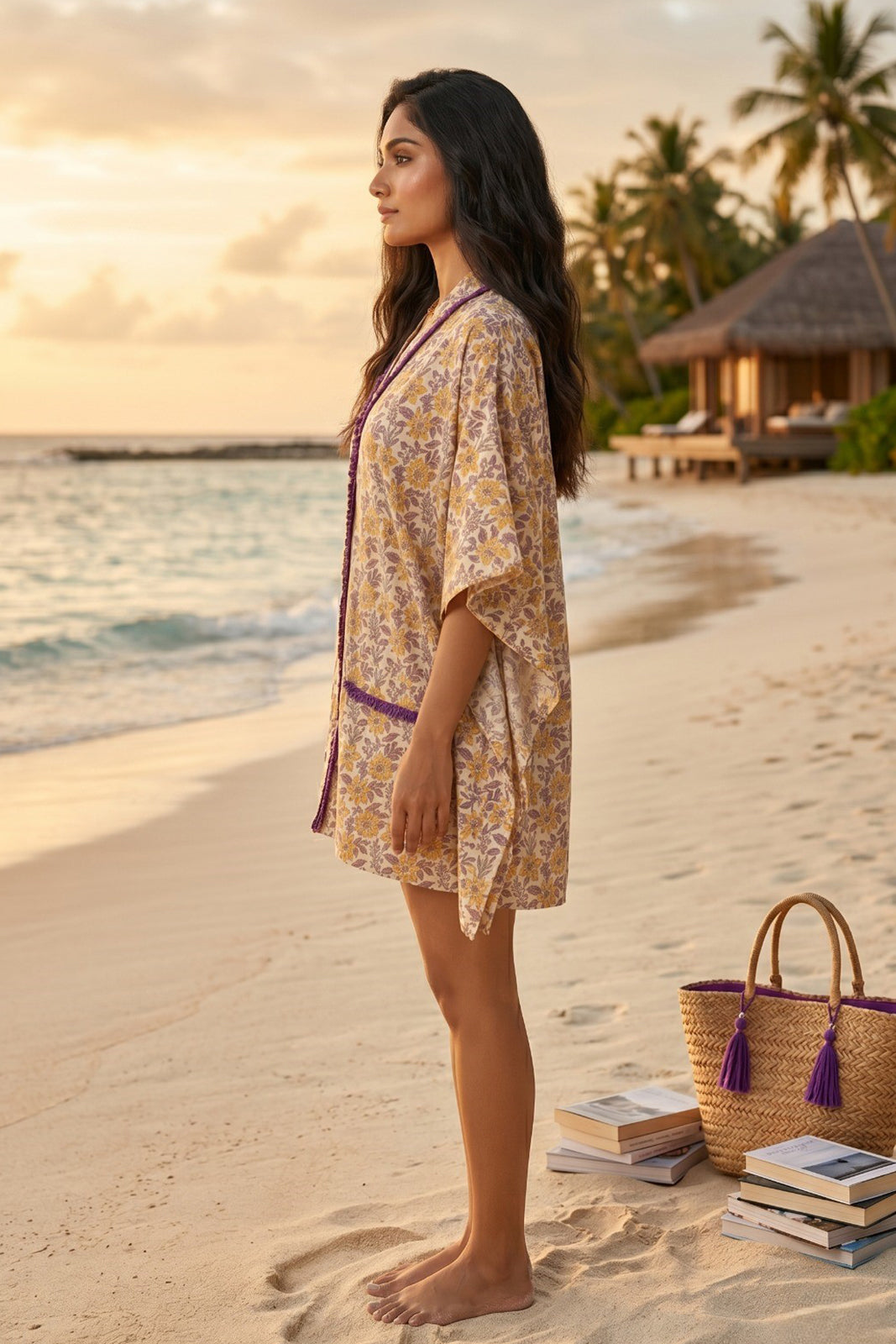 BEIGE FLORAL BLOCK PRINT COTTON KAFTAN TOP - NVK577