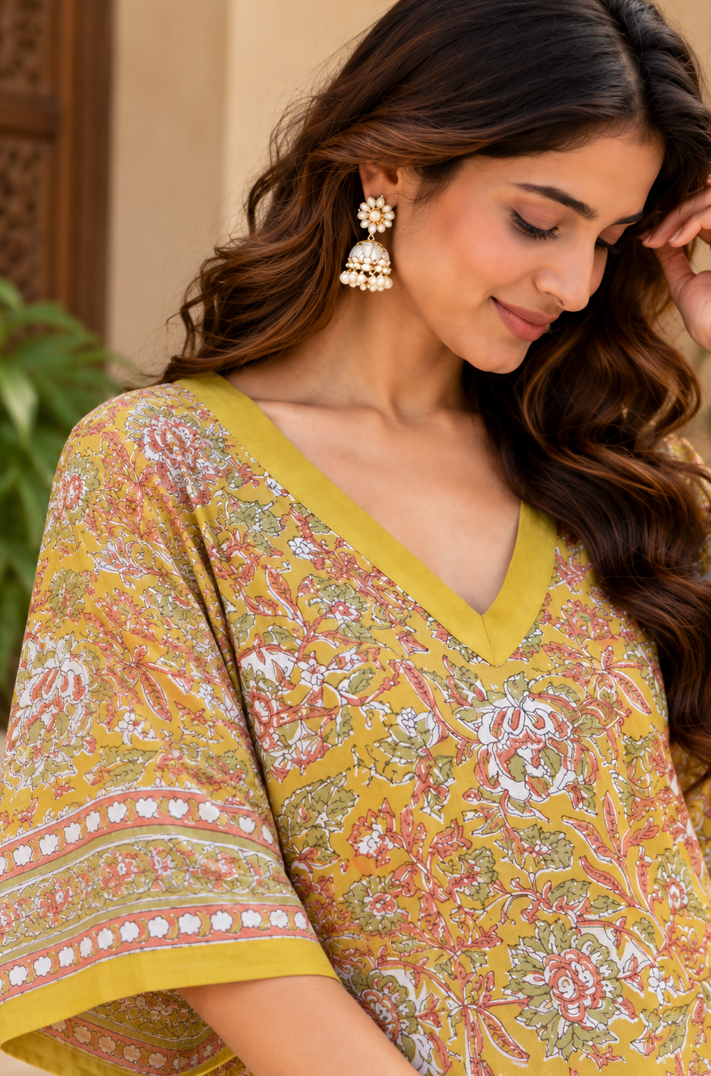 YELLOW COTTON MULMUL FLORAL SHORT KAFTAN