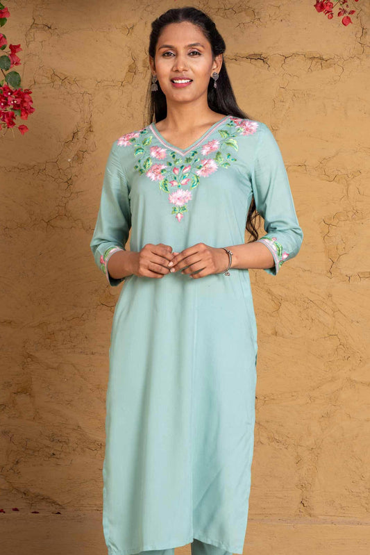 Dusty Green Embroidered Kurta -KS606