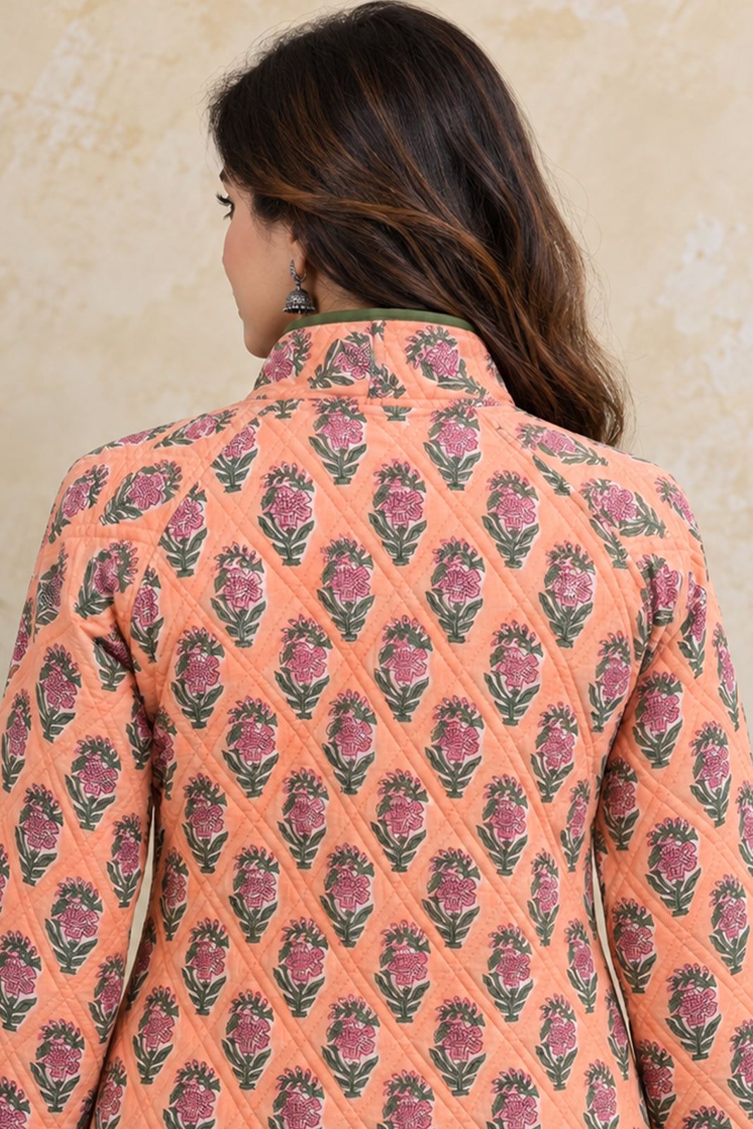 PEACH BLOOM HAND BLOCK PRINTED QUILTED COTTON JACKET-NVQJ671