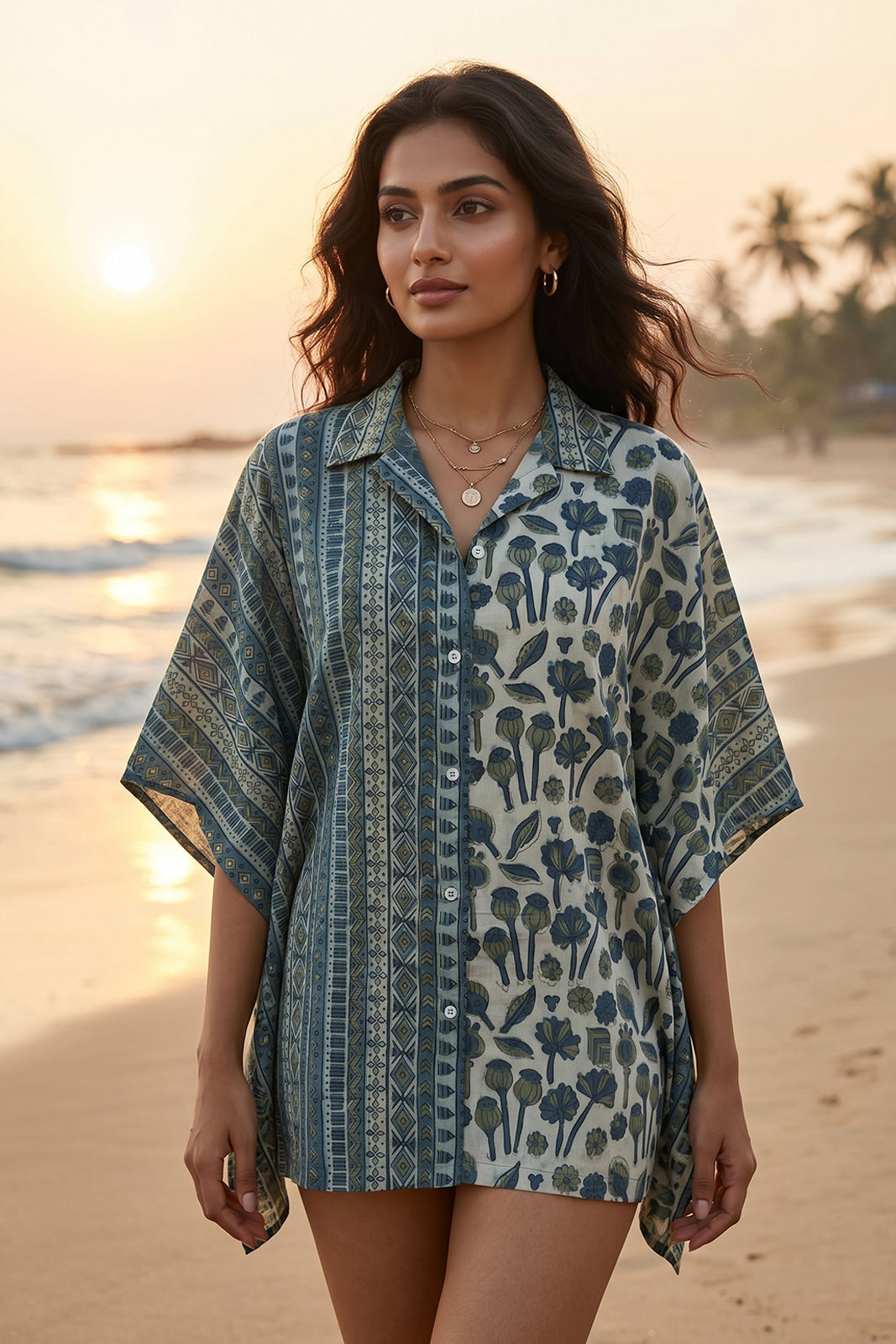 GREEN FLORAL BLOCK PRINT COTTON KAFTAN TOP - NVK579