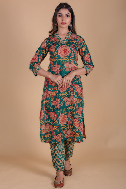 Pine Green Block Printed Kurta Set-KS51
