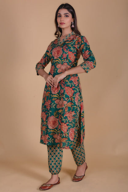 Pine Green Block Printed Kurta Set-KS51