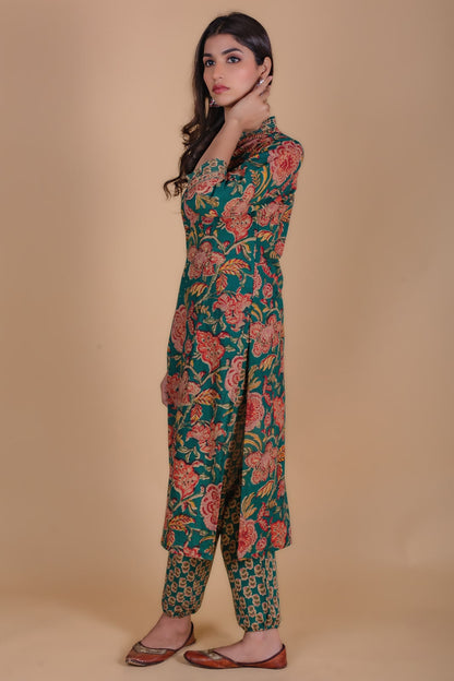 Pine Green Block Printed Kurta Set-KS51