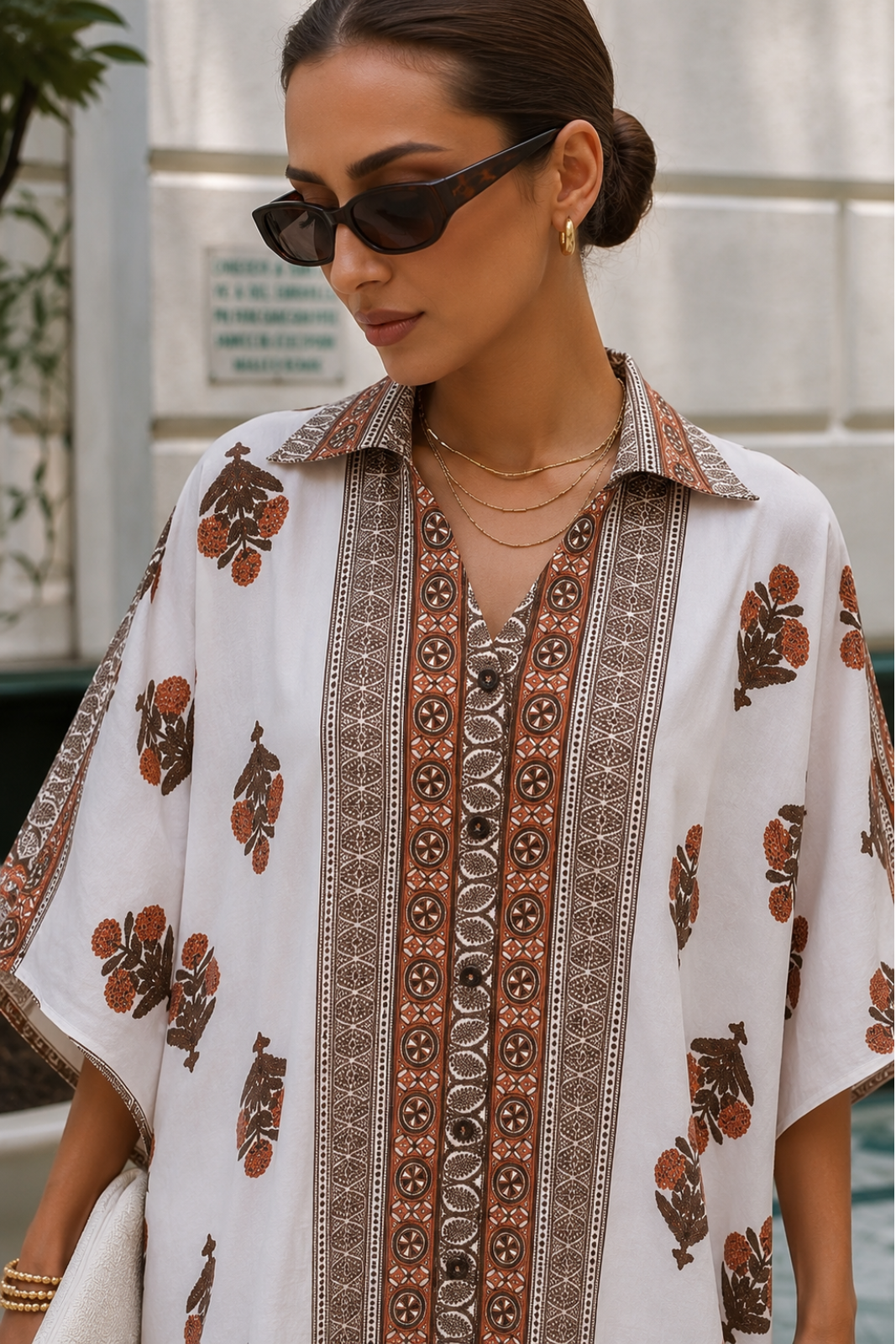WHITE COTTON MULMUL BLOCK PRINT KAFTAN TOP - NVK595