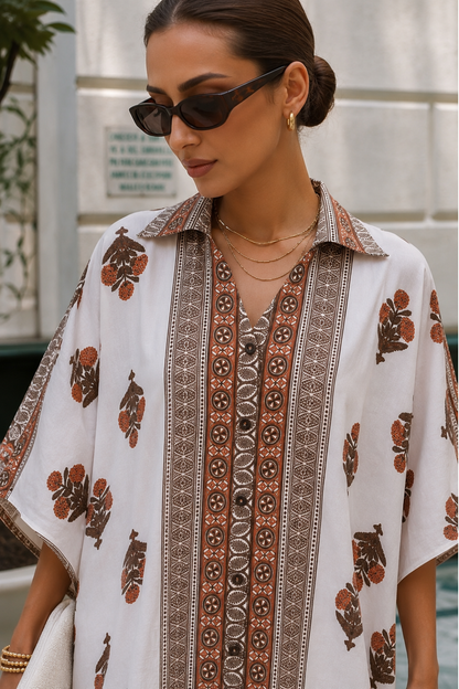 WHITE COTTON MULMUL BLOCK PRINT KAFTAN TOP - NVK595