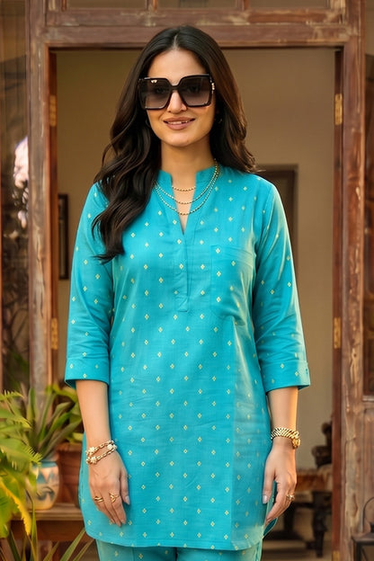 Dusty Aqua Zari Dobby Co-ord Set-NVCD47