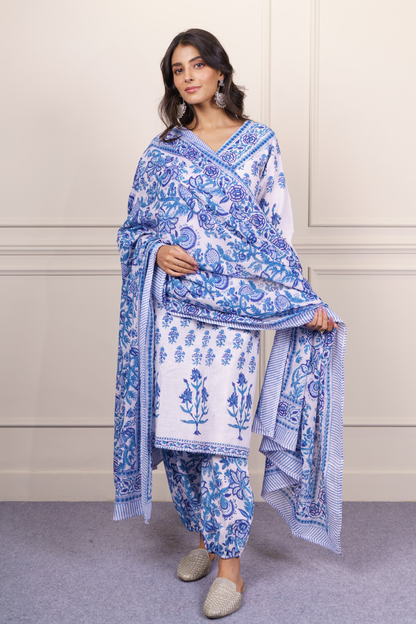Blue White Kurta Dupatta Set-KS819