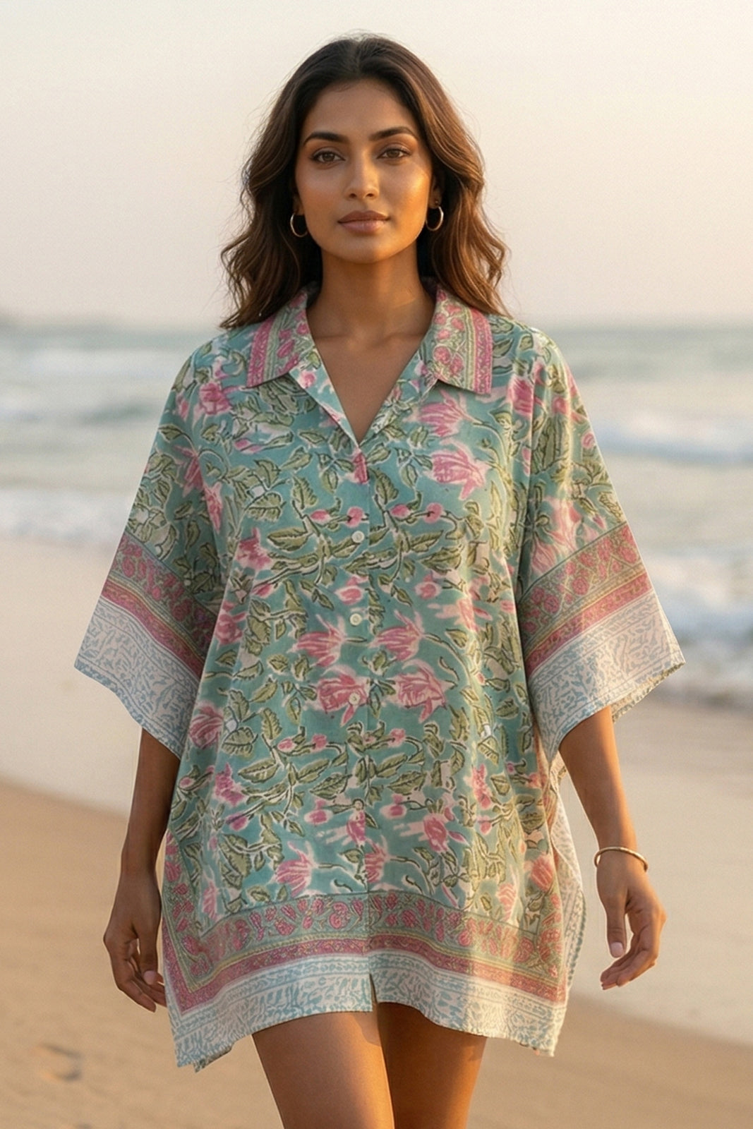 GREEN BLOCK PRINTED KAFTAN TOP-NVK567