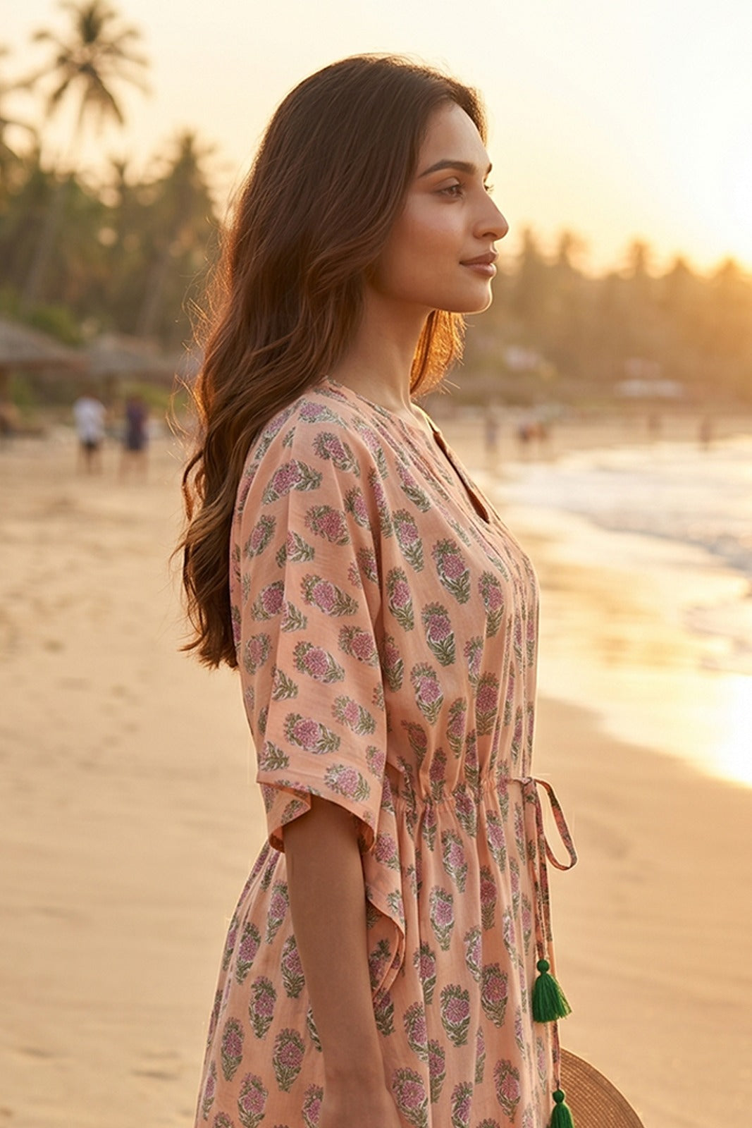 Peach Floral Hand Block Printed Kaftan Dress- NVK583