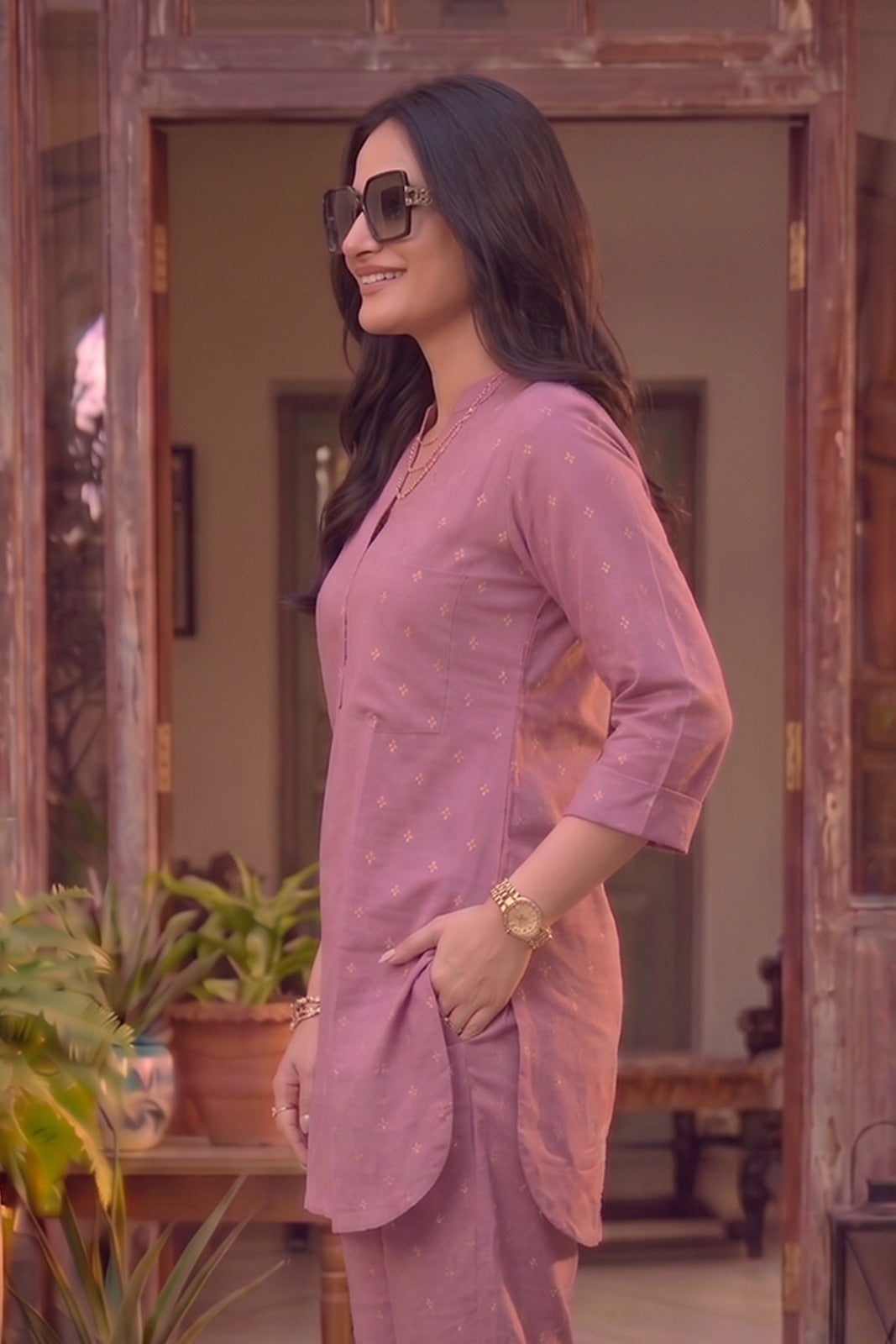 Rose Pink Cotton Zari Dobby Co-ord Set-NVCD48